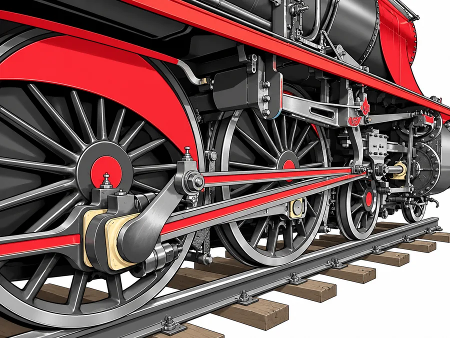 Rodas motrices dunha locomotora de vapor negra e vermella, sobre a vía: a biela vermella vai desde o cilindro, á dereita, ata unha articulación da roda grande, e unha barra une as rodas por fóra do eixe.