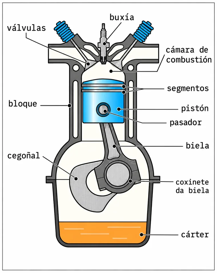 Corte dun motor de combustión dun cilindro: o pistón azul, cos segmentos e o pasador, únese pola biela ao cegoñal; enriba, a cámara de combustión coa buxía e as dúas válvulas, e abaixo o cárter co aceite. Os nomes das pezas van sinalados.