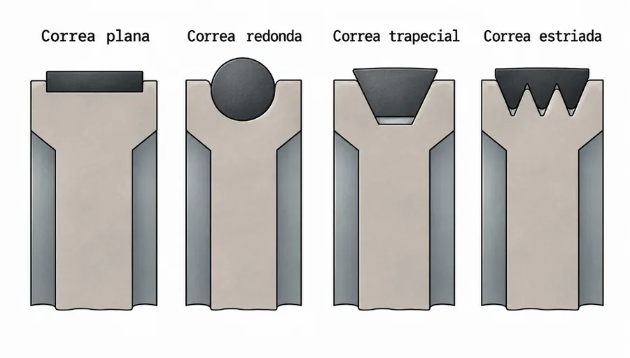 Catro perfiles de correa e polea: plana, redonda, trapezoidal e estriada.