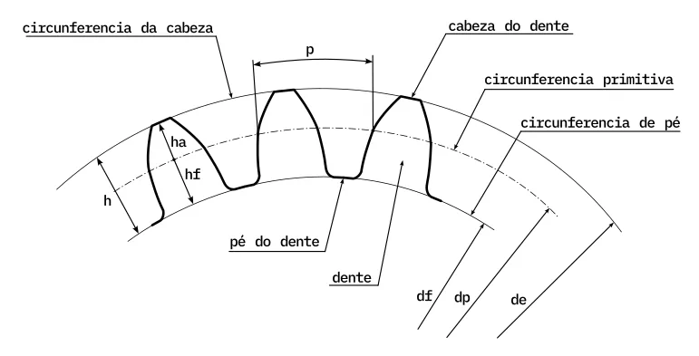 Esquema dunha roda dentada cos diámetros de cabeza, primitivo e de pé, a altura do dente e o paso.