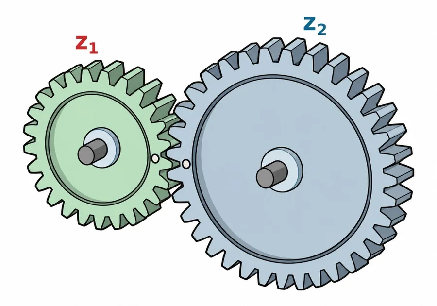 Debuxo de dúas rodas de dentes rectos que engranan: a motriz pequena, verde, rotulada z₁, e a conducida grande, azul, rotulada z₂.