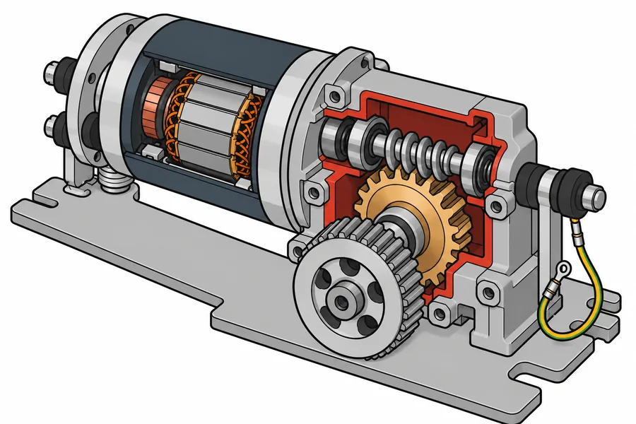 Motor eléctrico cun redutor de parafuso sen fin acoplado, coa carcasa cortada: dentro vese o parafuso sen fin no eixe do motor engranando cunha roda de bronce, e fóra un piñón que move a porta.